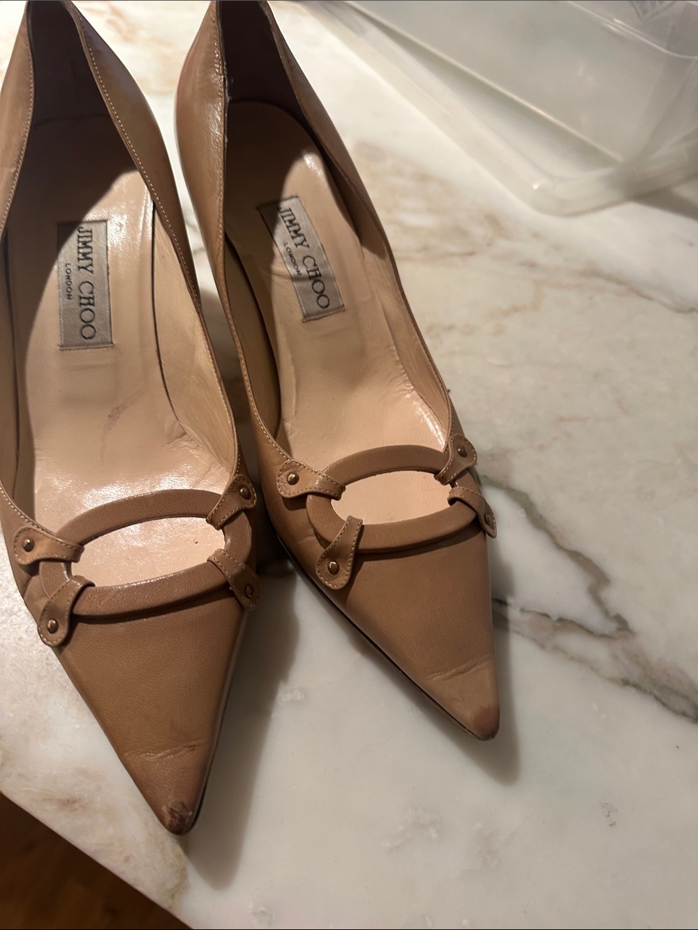 Jimmy Choo Beige/Tan Leather Pointed-Toe Heels with Ring Detail